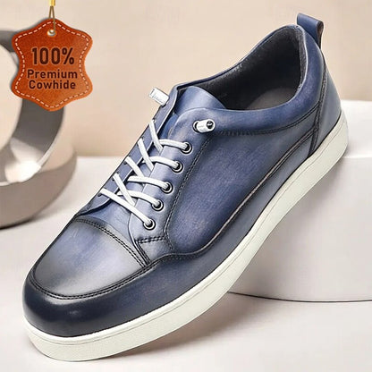 Men's Premium Cowhide Leather Casual Sneakers with Lace-Up Design and White Sole