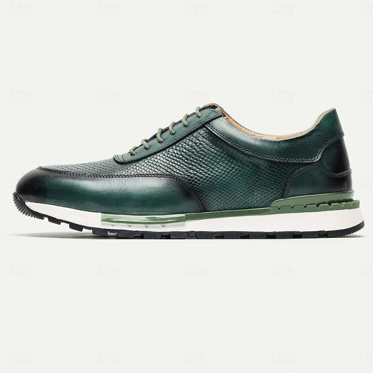 Men's Sneakers Textured Green Leather Two-Tone Rubber Sole - Tokiyos