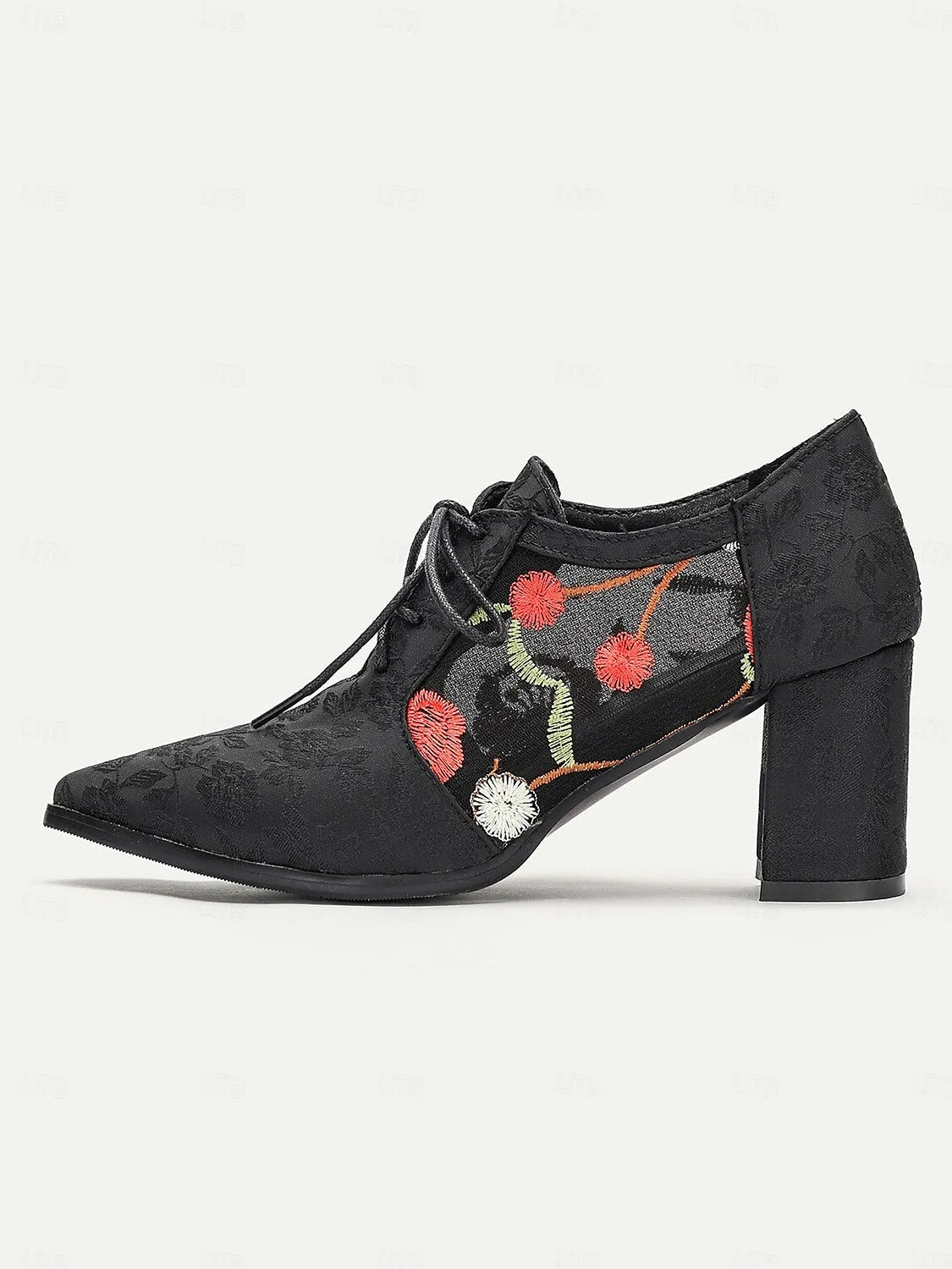 Women's Black Jacquard Lace-Up Heels with Floral Embroidery and Block Heel