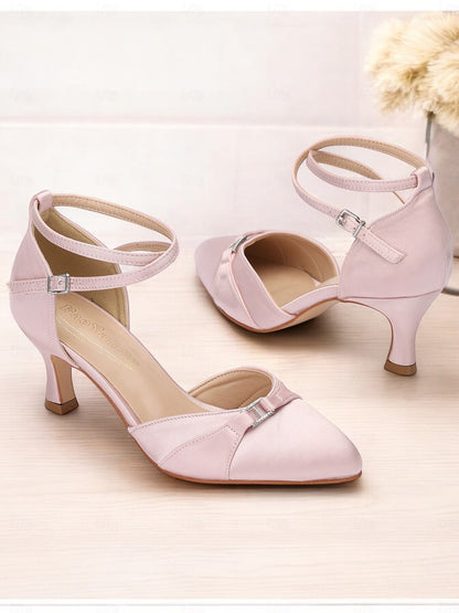 Women's Pink Satin Ankle Strap Heels with Bow Detail