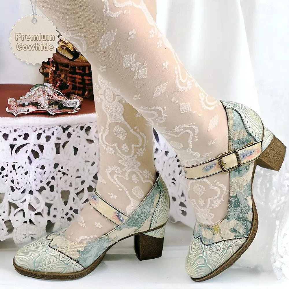 Women's Pastel Print Buckle Strap Chunky Heel Pumps - Tokiyos