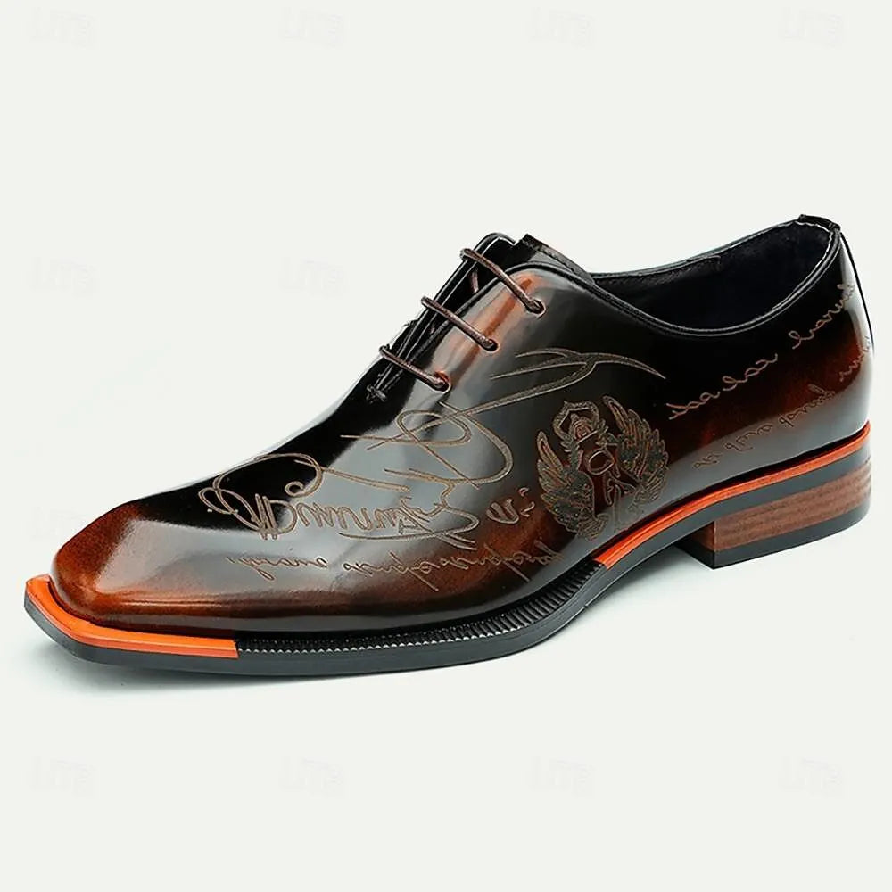 Men's Glossy Black Leather Oxford Shoes with Engraved Detail - Tokiyos