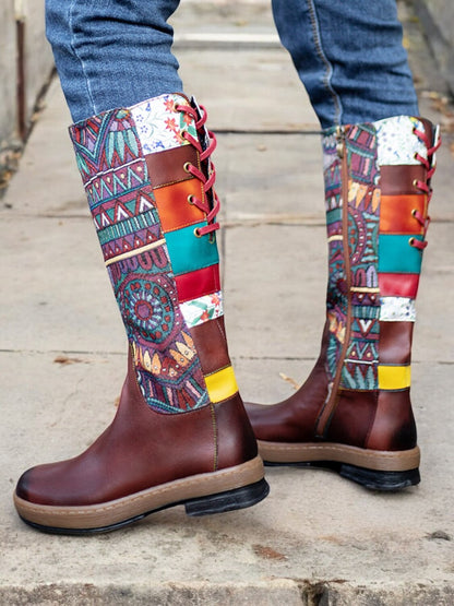 Women's Boho Premium Cowhide Leather Western Cowboy Boots with Ethnic Print - Vintage Style Casual Mid-Calf Riding Boots for Festival Outfits