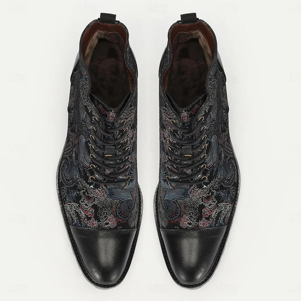 Men's Black Premium Cowhide Lace-Up Boots with Multicolored Patterns and Rugged Sole