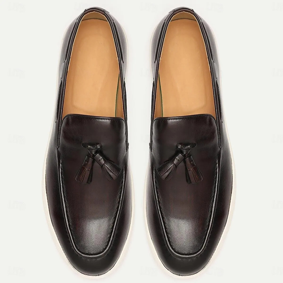 Men's Brown Leather Tassel Loafers with White Sole - Tokiyos