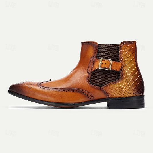 Men's Brown Ankle Boots with Brogue Detailing & Snakeskin Accent - Premium Cowhide Leather Dress Boots for Formal & Casual Wear