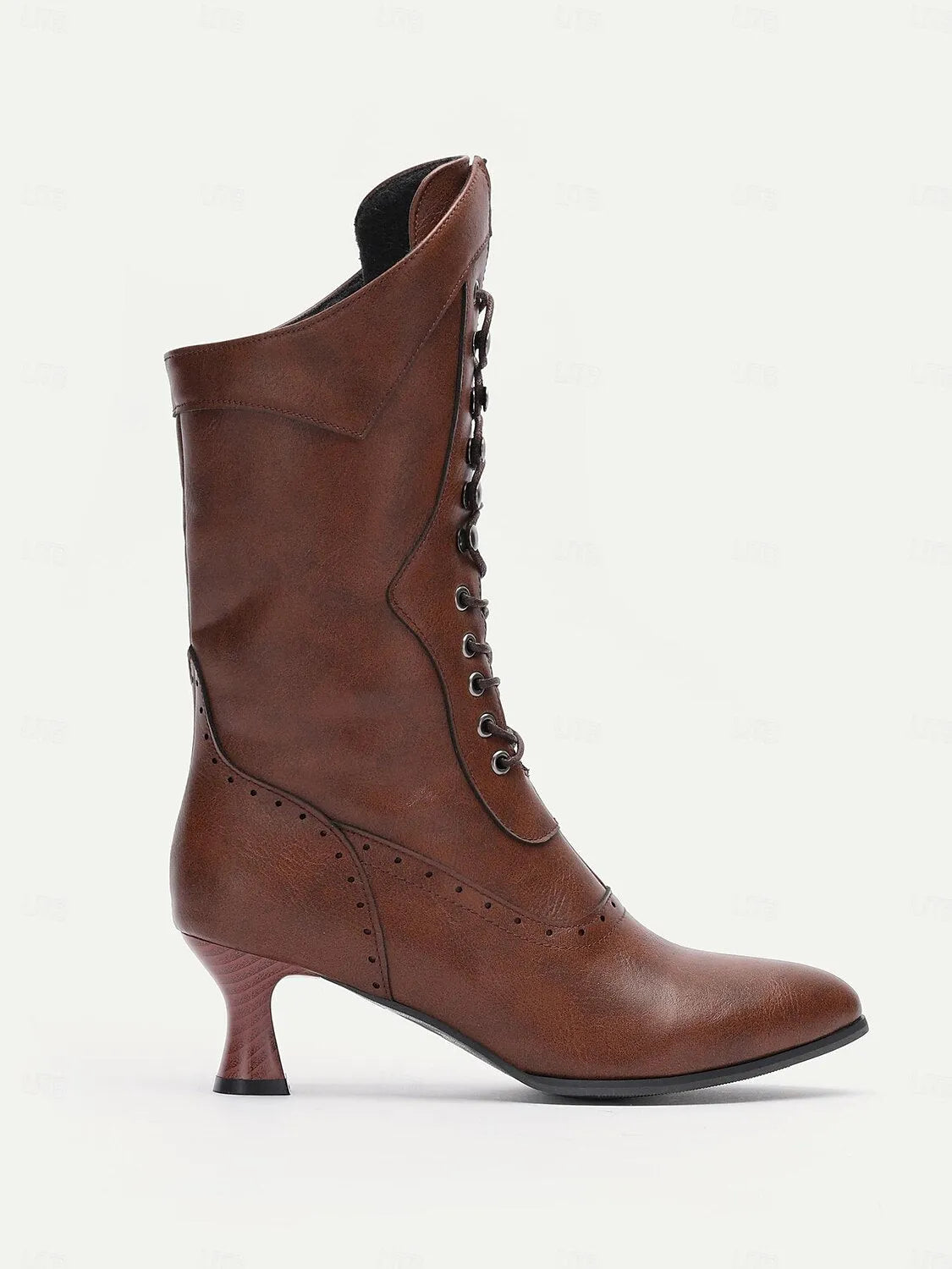 Women's Brown Victorian Lace-Up Boots with Mid Heel and Brogue Detailing - Retro Style Knee-High Boots