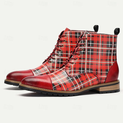 Men's Premium Cowhide Tartan Plaid Ankle Boots - Vintage Lace-Up Leather Boots with Rugged Sole for Casual and Formal Wear