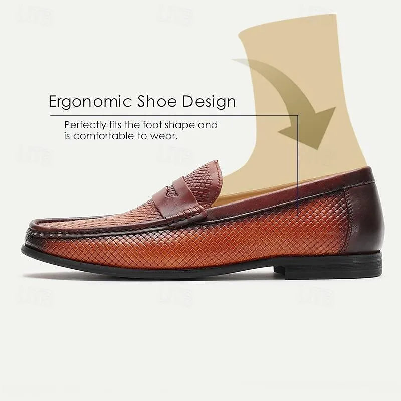 Men's Woven Leather Loafers in Rich Brown - Tokiyos