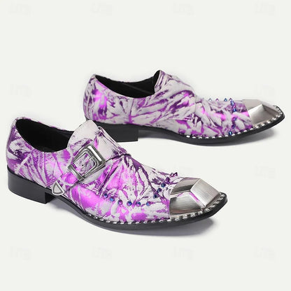 Men's Metallic Purple Printed Leather Shoes with Buckle and Spikes - Tokiyos