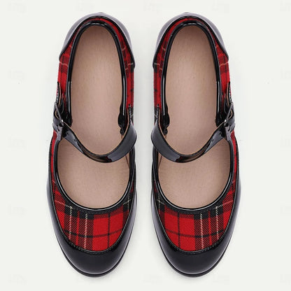 Women's Red Plaid Mary Jane Heels with Black Patent Leather - Retro High Heel Pumps - Tokiyos