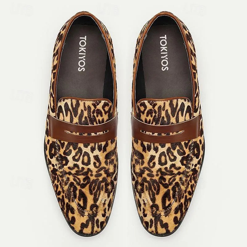 Men's Leopard Print Loafers: Bold Animal Pattern Slip-On Shoes with Stylish Strap - Tokiyos