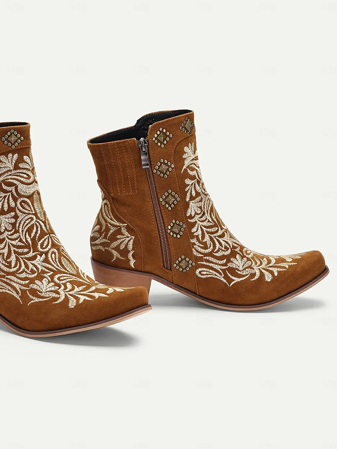 Women's Brown Embroidered Western Ankle Boots with Studded Details - Perfect for Casual Outings and Rodeo Events