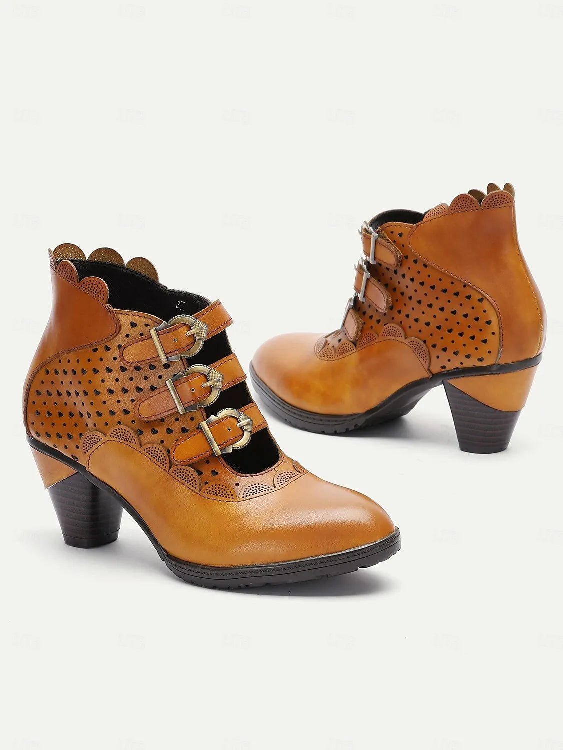 Vintage-Style Light Brown Buckle Strap Ankle Boots with Perforated Design for Women