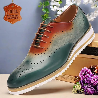 Men's Gradient Green and Brown Leather Oxford Shoes - Tokiyos