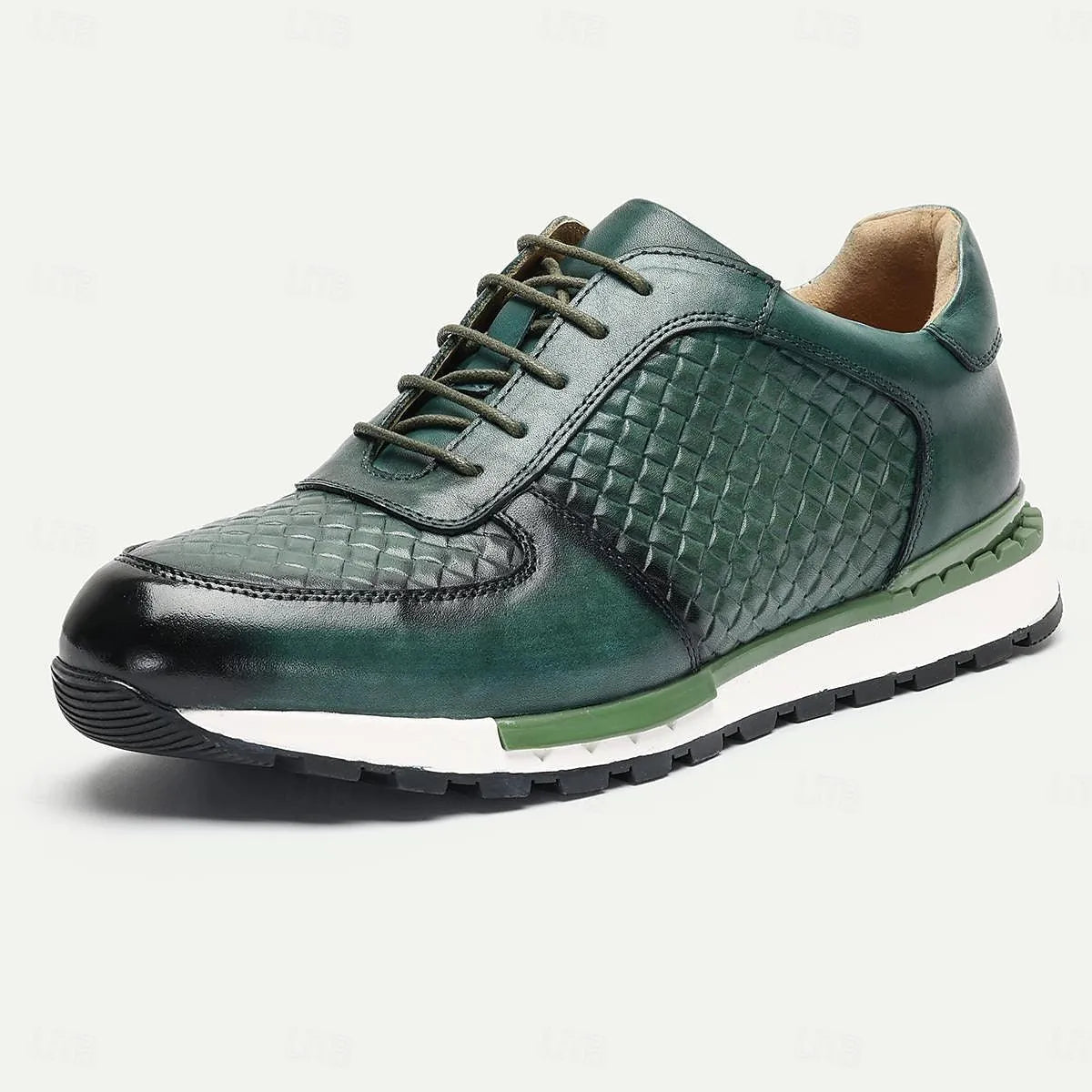 Men's Textured Green Leather Sneakers Non-Slip Sole - Tokiyos