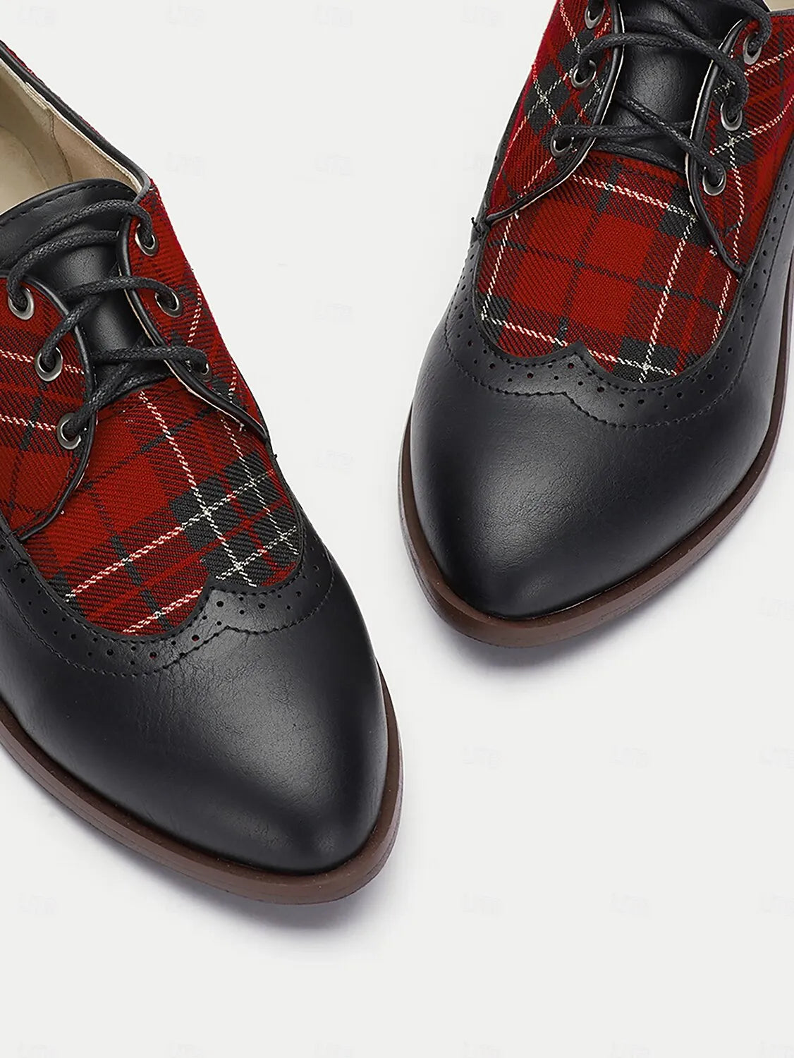 Women's Black Leather Oxford Shoes with Red Tartan Plaid Panels