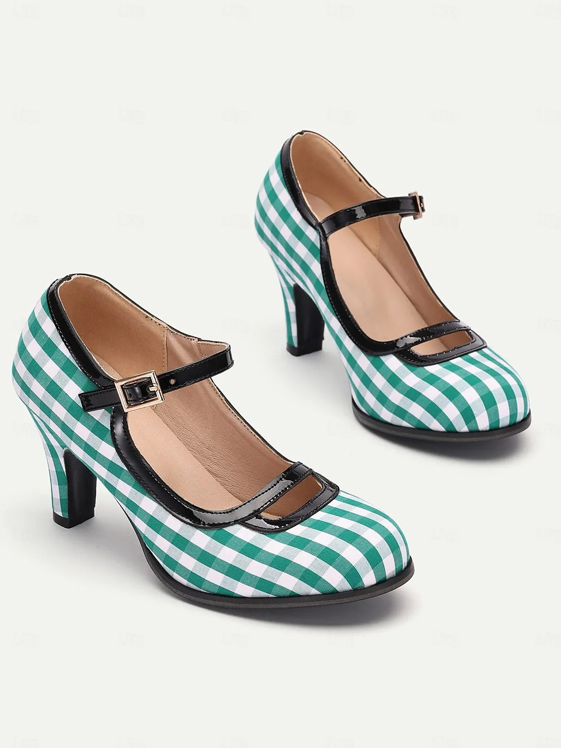 Women's Green Gingham Mary Jane High Heels with Buckle Strap, Retro Style for Vintage-Inspired Outfits and Costume Parties