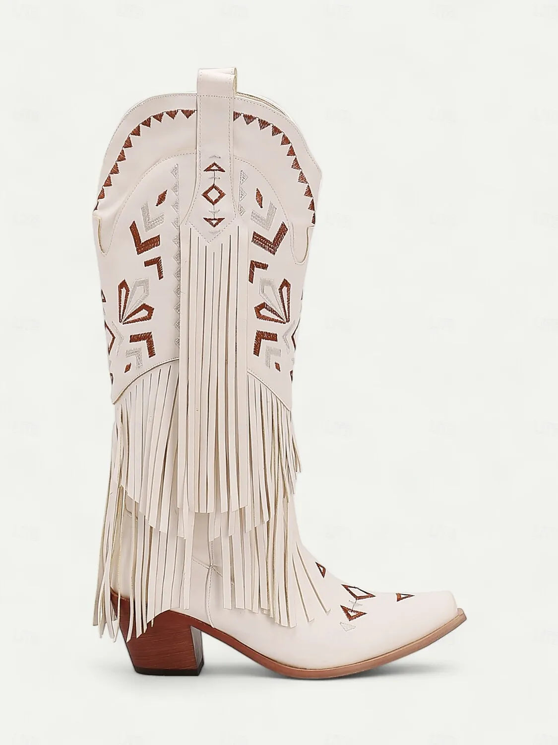 Women's Brown Faux Leather Fringe Western Cowboy Boots with Embroidered Details