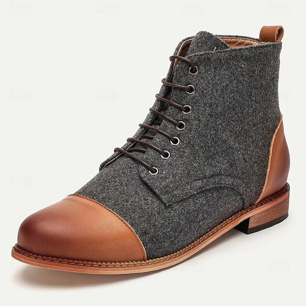 Men's Premium Cowhide and Wool Lace-Up Boots with Leather Toe Cap and Heel