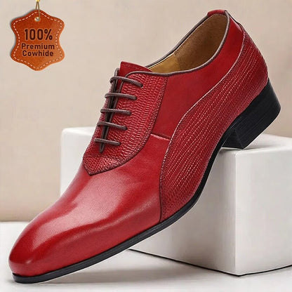 Men's Red Premium Cowhide Oxford Shoes-Classic Lace-Up Formal Leather Dress Shoes with Textured Details for Special Occasions