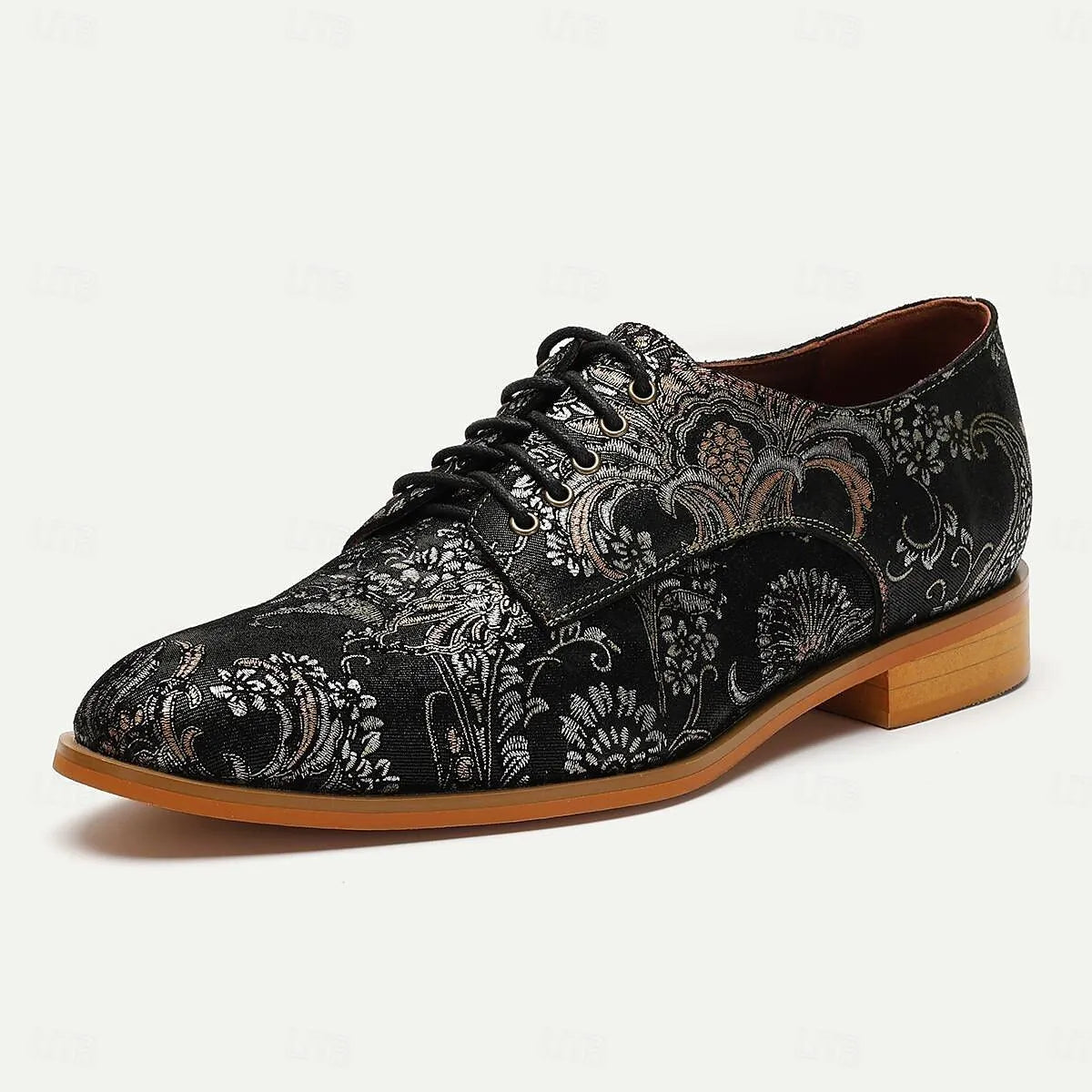 Men's Black Floral Brocade Oxfords: Classic Lace-Up Shoes with Luxurious Detailing - Tokiyos