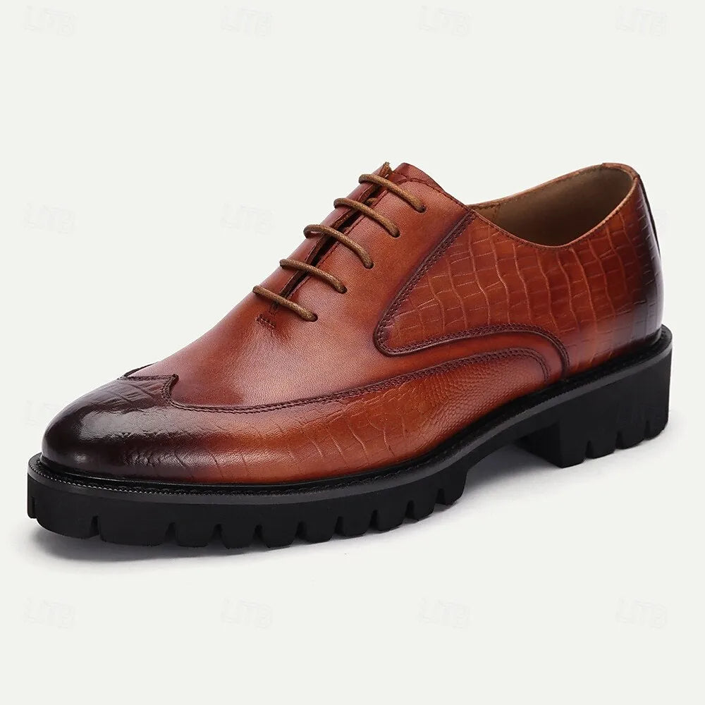 Men's Premium Cowhide Leather Oxford Shoes with Embossed Crocodile Pattern and Rugged Sole - Brown Lace-Up Dress Shoes