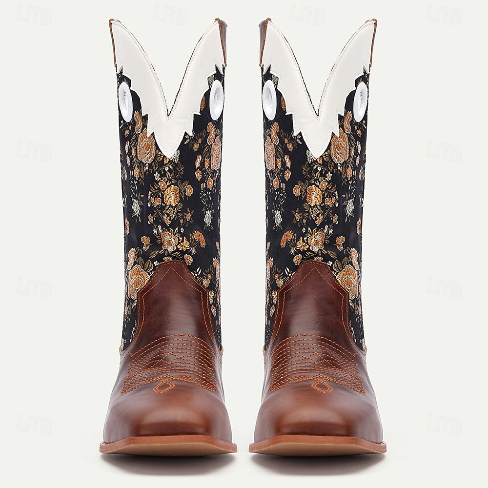 Men's Premium Cowhide and Jacquard Fabric Western Cowboy Boots with Gold Floral Embroidery-Vintage Style Boots for Ranch and Outdoor Wear