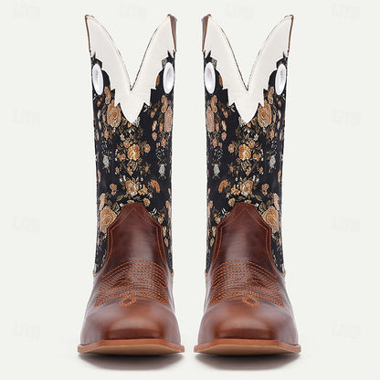 Men's Premium Cowhide and Jacquard Fabric Western Cowboy Boots with Gold Floral Embroidery-Vintage Style Boots for Ranch and Outdoor Wear