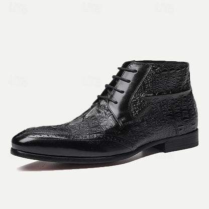 Men's Premium Cowhide Dress Shoes with Embossed Crocodile Pattern and Black Accents