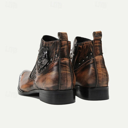 Men's Premium Cowhide Leather Motorcycle Boots with Studded Design, Brown Gradient Finish, and Metallic Detailing - Perfect for Biker Style and Casual Outfits