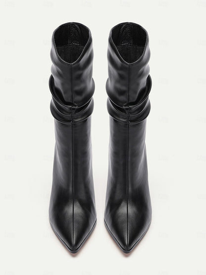 Women's Black Leather Mid Calf Boots with Stiletto Heels, Slouchy Design - Elegant and Stylish for Fall and Winter