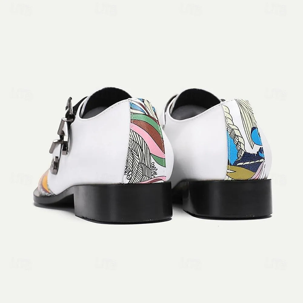 Men's White Monk Strap Shoes Colorful Artistic Print Lion Head Buckles - Tokiyos