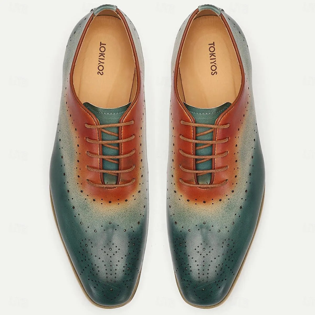 Men's Gradient Green and Brown Leather Oxford Shoes - Tokiyos