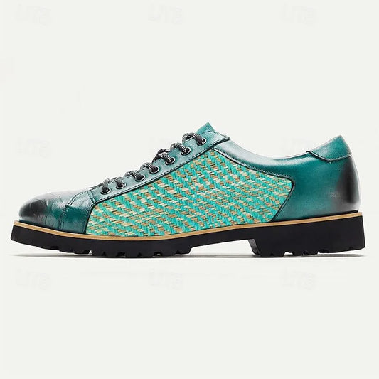 Men's Green Woven Outdoor Shoes with Rugged Sole and Black Accents