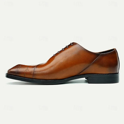 Men's Brown Leather Lace-Up Dress Shoes with Embossed - Tokiyos