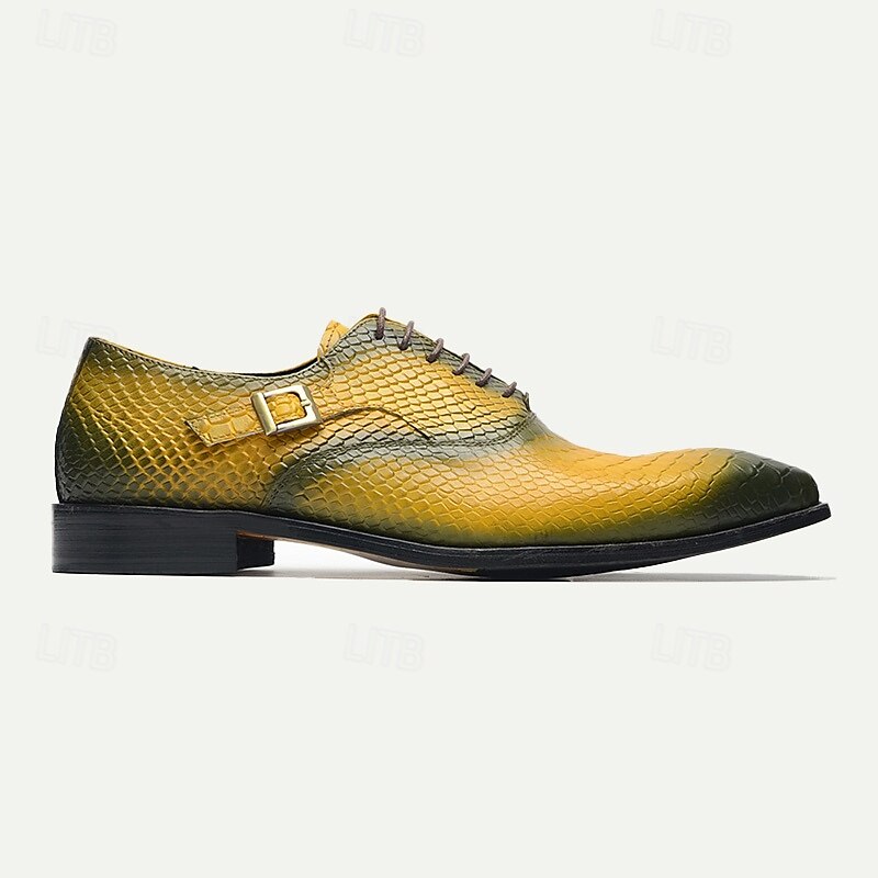 Men's Yellow Gradient Snake Pattern Leather Oxford Shoes with Buckle Detail