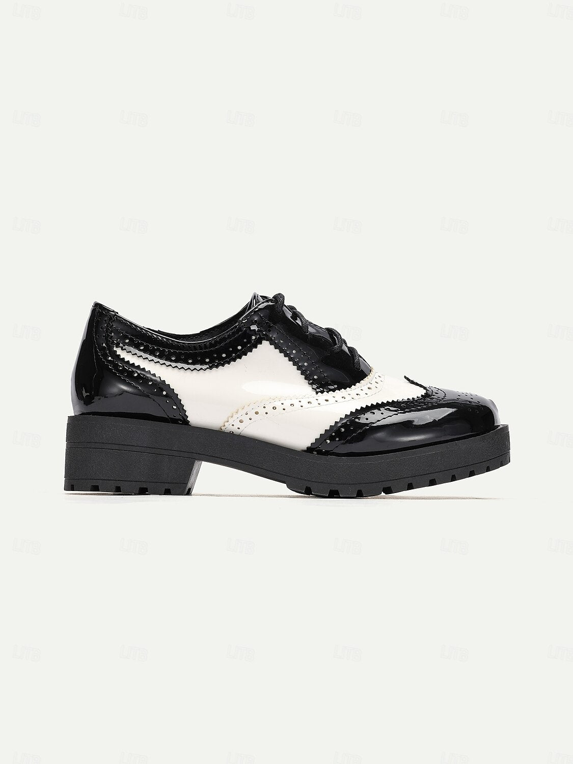 Women's Black and White Brogue Oxford Shoes – Patent Faux Leather Lace-Up, Chunky Sole, Vintage Style for Formal and Casual Wear