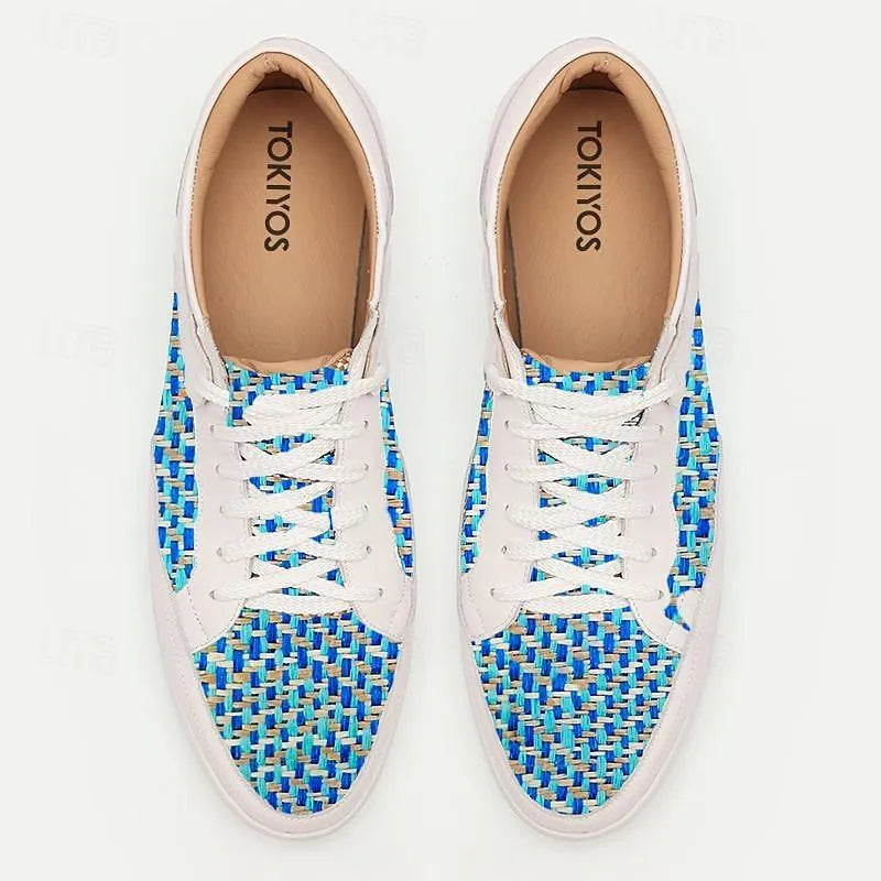 Men's White Leather Sneakers with Blue Woven Pattern - Comfortable Casual Shoes - Tokiyos