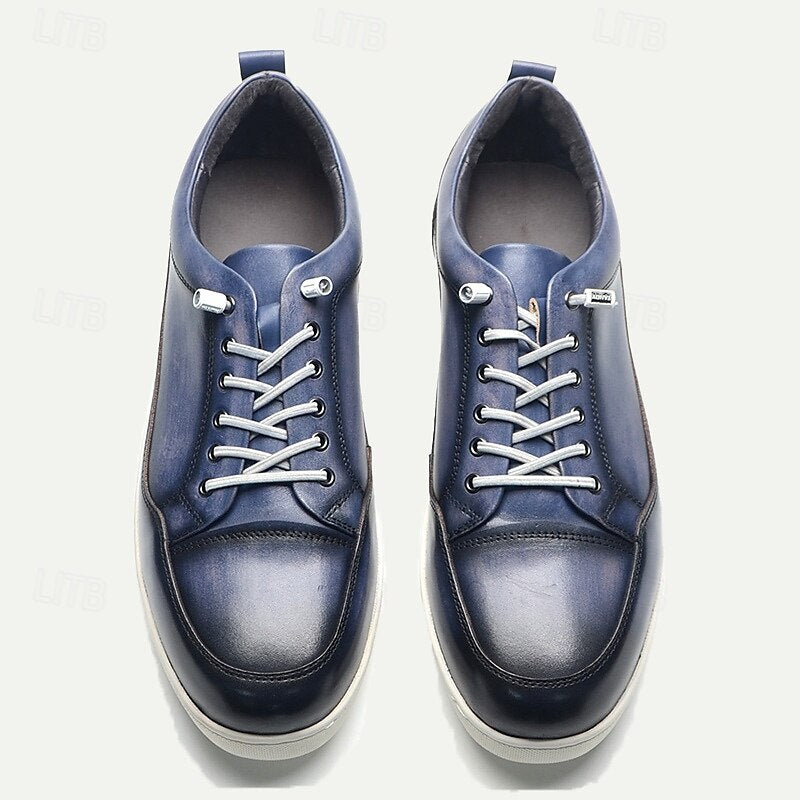 Men's Premium Cowhide Leather Casual Sneakers with Lace-Up Design and White Sole