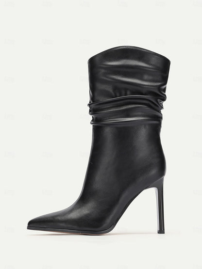 Women's Black Leather Mid Calf Boots with Stiletto Heels, Slouchy Design - Elegant and Stylish for Fall and Winter