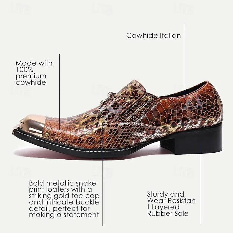 Men's Exotic Copper Snakeskin Print Leather Dress Shoes with Metal Cap Toe - Tokiyos