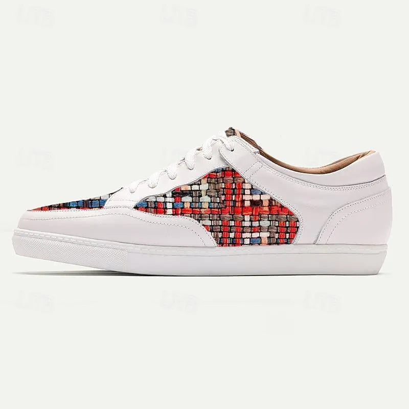 Men's White Leather Sneakers with Multicolor Woven Pattern - Stylish Casual Shoes - Tokiyos