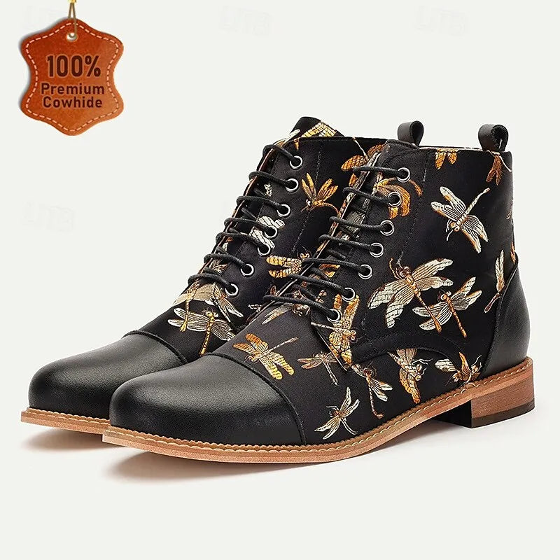 Men's Premium Cowhide Lace-Up Boots with Dragonfly Embroidery and Leather Toe Cap