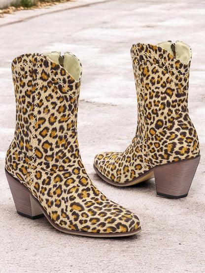 Women's Boots Cowboy Boots Retro Party Work Daily Leopard Booties Ankle Boots Zipper Chunky Heel Round Toe Vacation Vintage Cloth Zipper Leopard