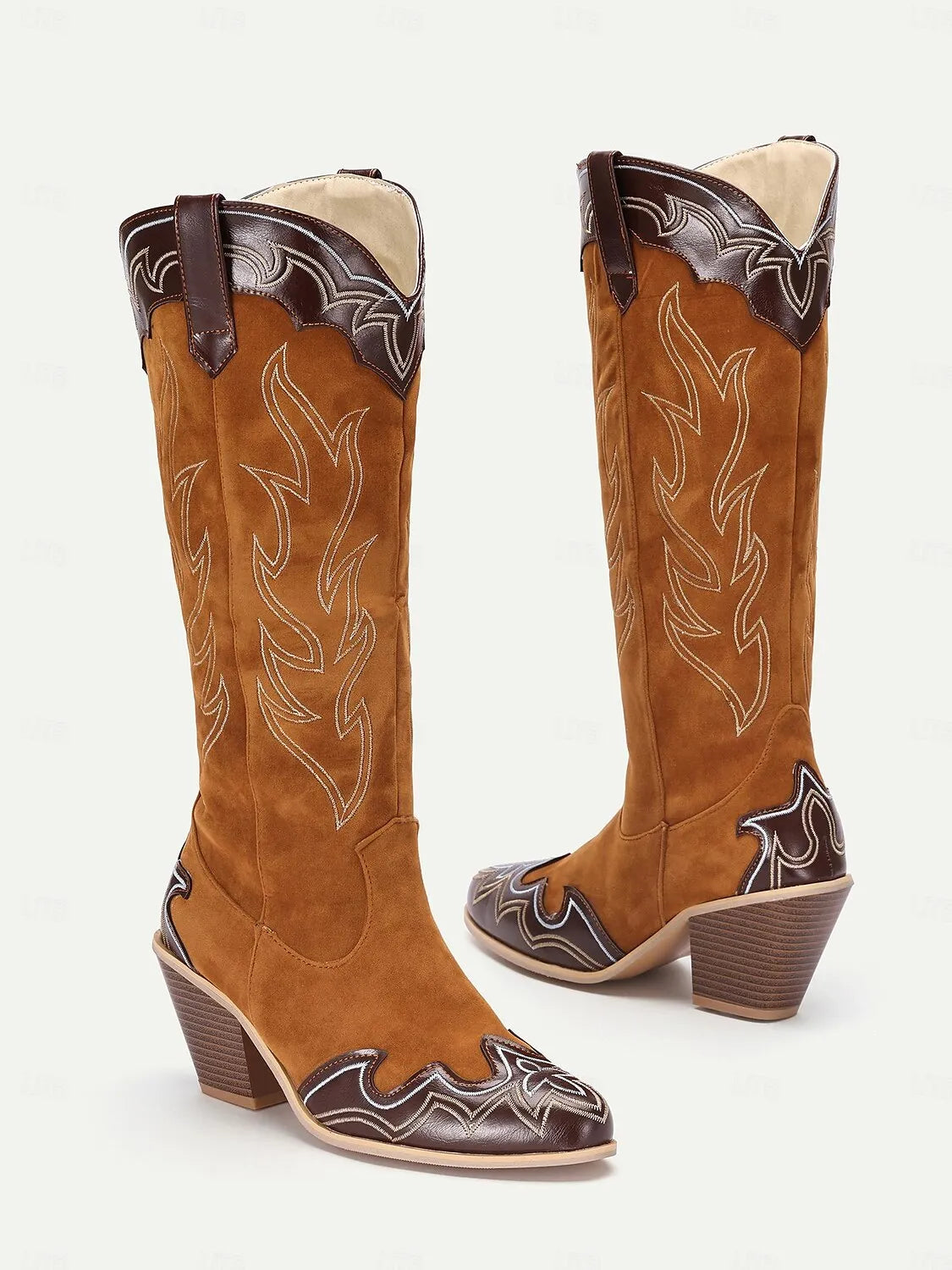 Women's Brown and Black Suede Western Cowboy Boots with Embroidered Details