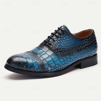 Men's Blue Crocodile Embossed Cowhide Leather Oxford Shoes-Elegant Lace-Up Dress Shoes for Formal Events and Business Wear