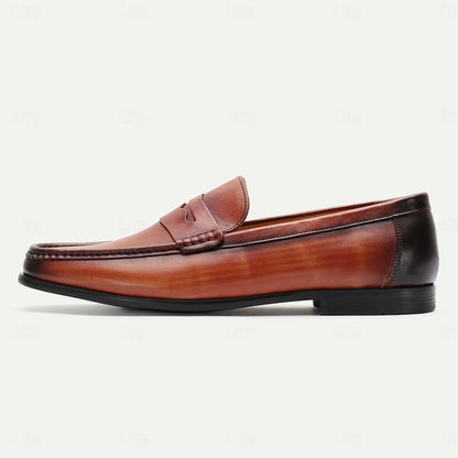 Men's Leather Loafers Classic Brown Slip On Dress Shoes - Tokiyos