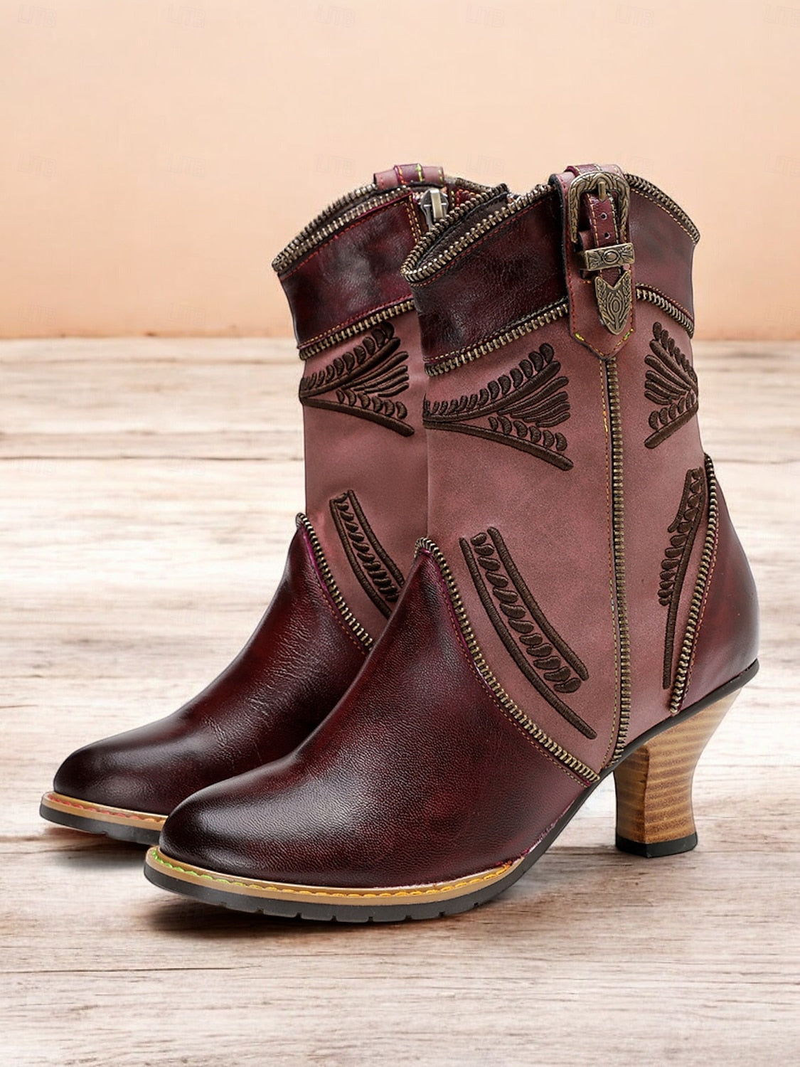 Women's Vintage Brown and Burgundy Leather Ankle Boots with Zipper, Buckle Strap