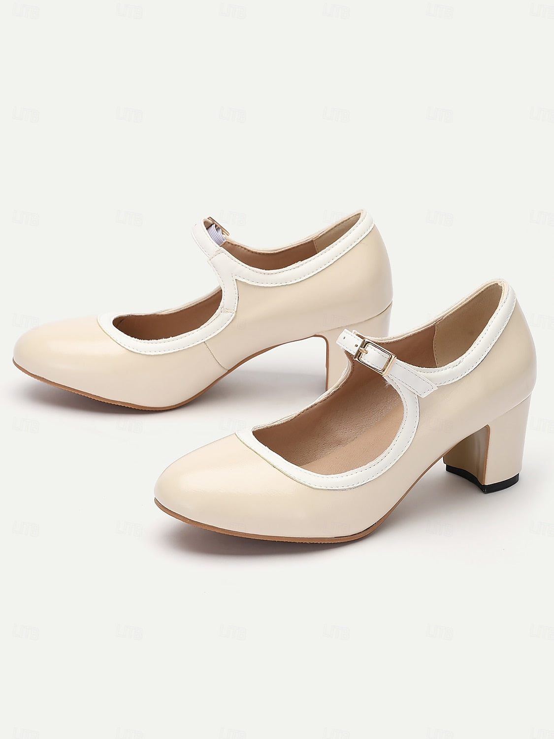 Women's Cream Vintage Mary Jane Block Heel Shoes with Adjustable Strap